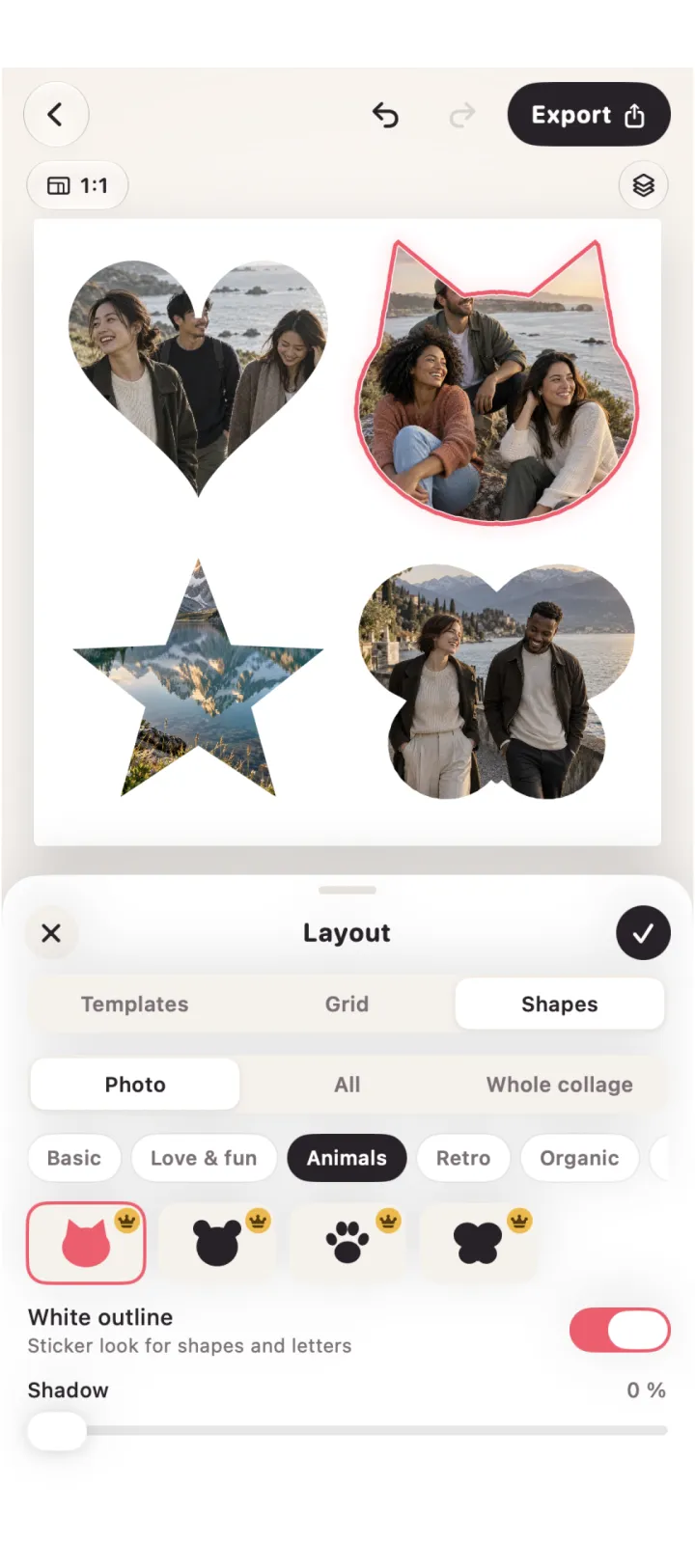Photos shaped as a heart, a cat, a star and a butterfly